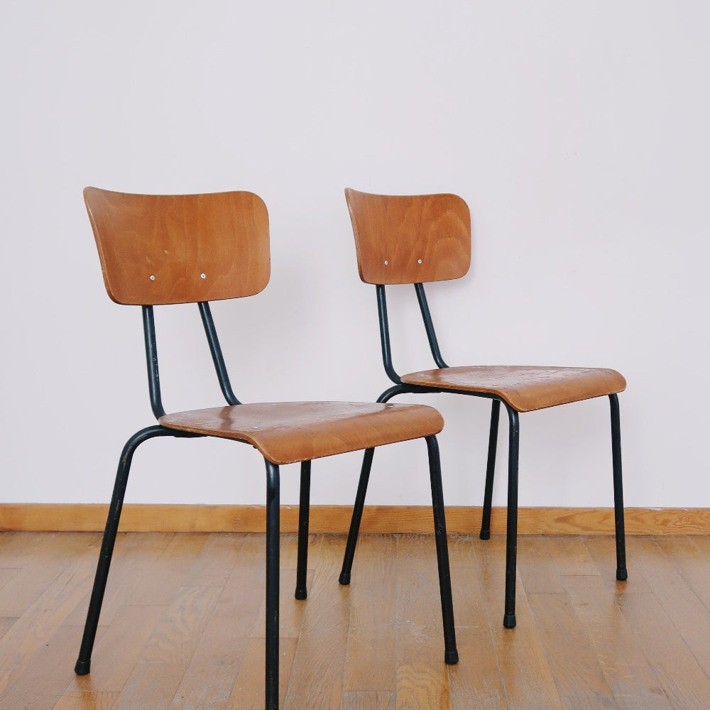 paire 2 chaises école écolier bistrot baumann vintage metallique moderniste