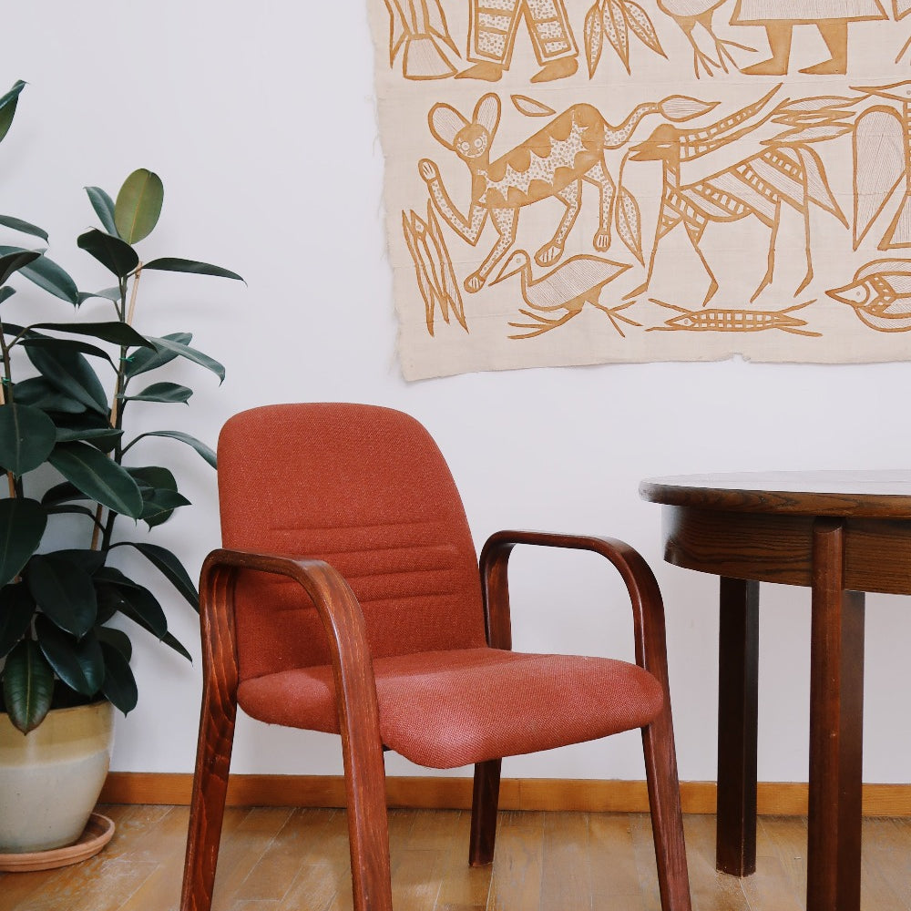 paire 2 fauteuil scandinave vintage bois tissus rouge tweed bureau