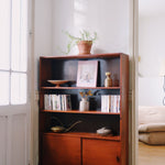 petite bibliothèque commode pied compas vintage déco meuble rangement bois ancien pin