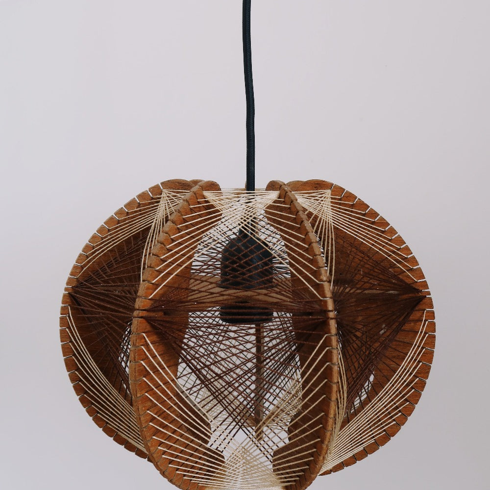 suspension abat jour bois fil tissé vintage années 60 scandinave lampe