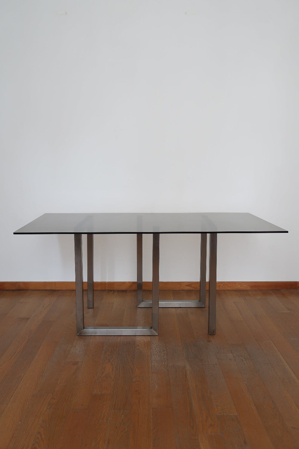 table à manger roche bobois verre fumé space age design chrome pietement métal vintage moderniste