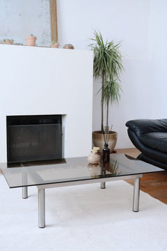 table basse chrome verre fumé vintage moderniste rectangulaire