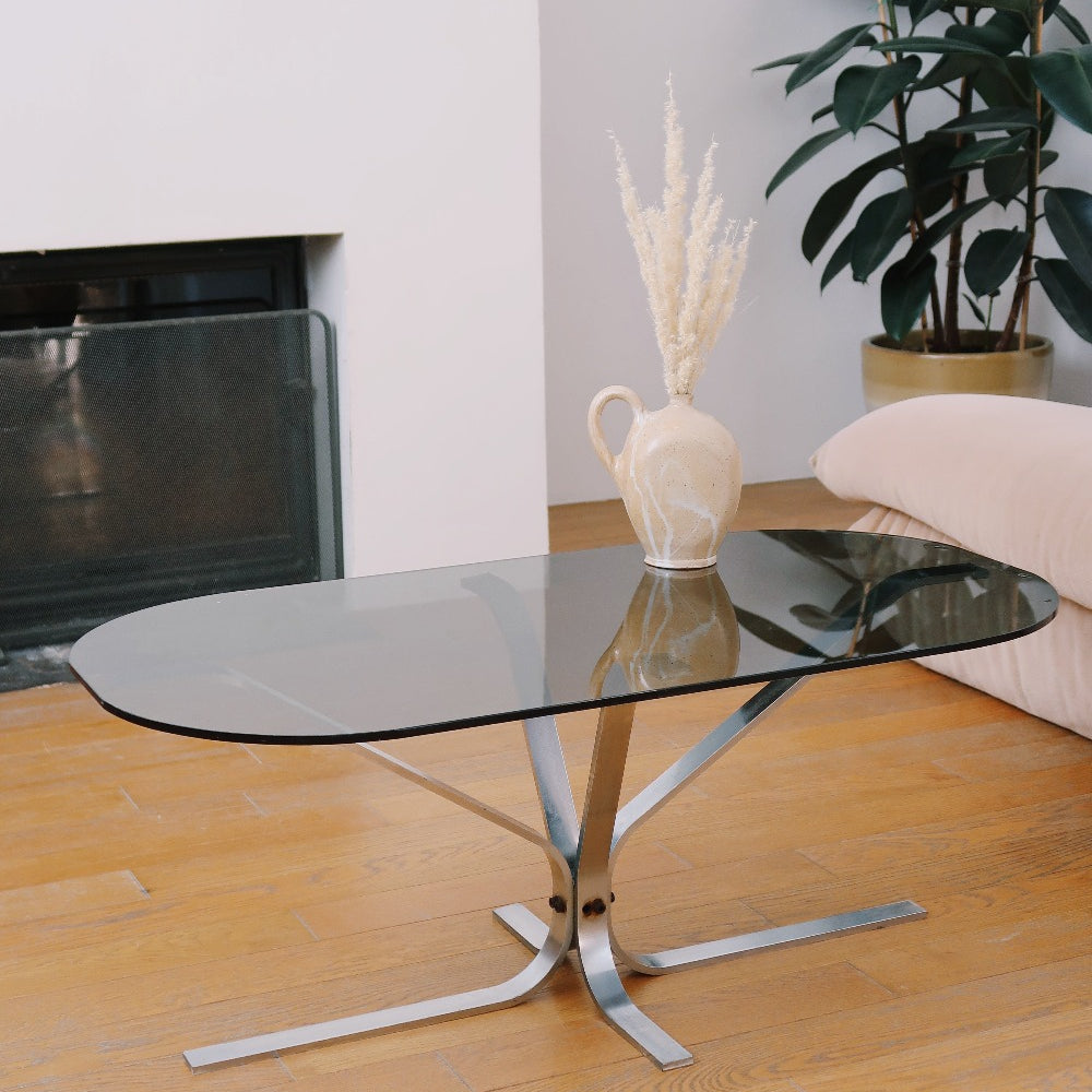 table basse moderniste space age vintage pied tulipe chrome verre fumé ovale