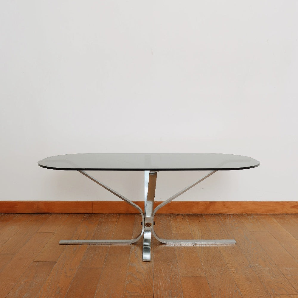 table basse moderniste space age vintage pied tulipe chrome verre fumé ovale
