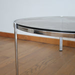 table basse ronde verre fumé moderniste vintage pieds chrome ancien