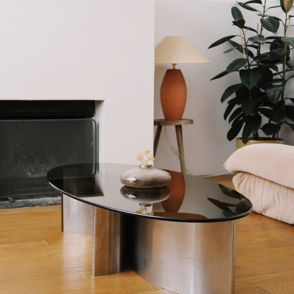 table basse verre fumé space age acier brossé chrome vintage moderniste années 70