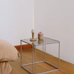table chevet appoint bout canapé meuble entrée cube chrome verre fumé space age moderniste vintage console