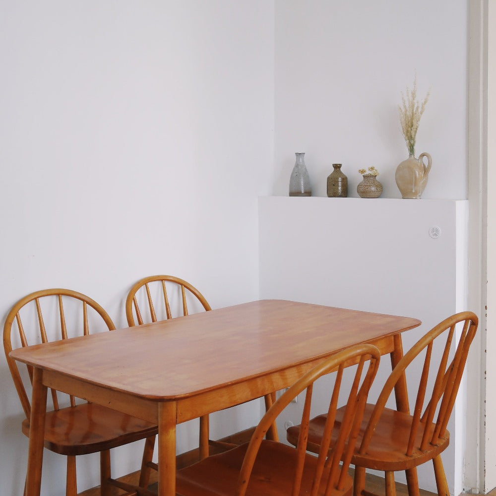 table scandinave pieds compas bois hêtre teck vintage danois chaise bistrot baumann ensemble salle à manger designer finlandais ilmari tapiovaara